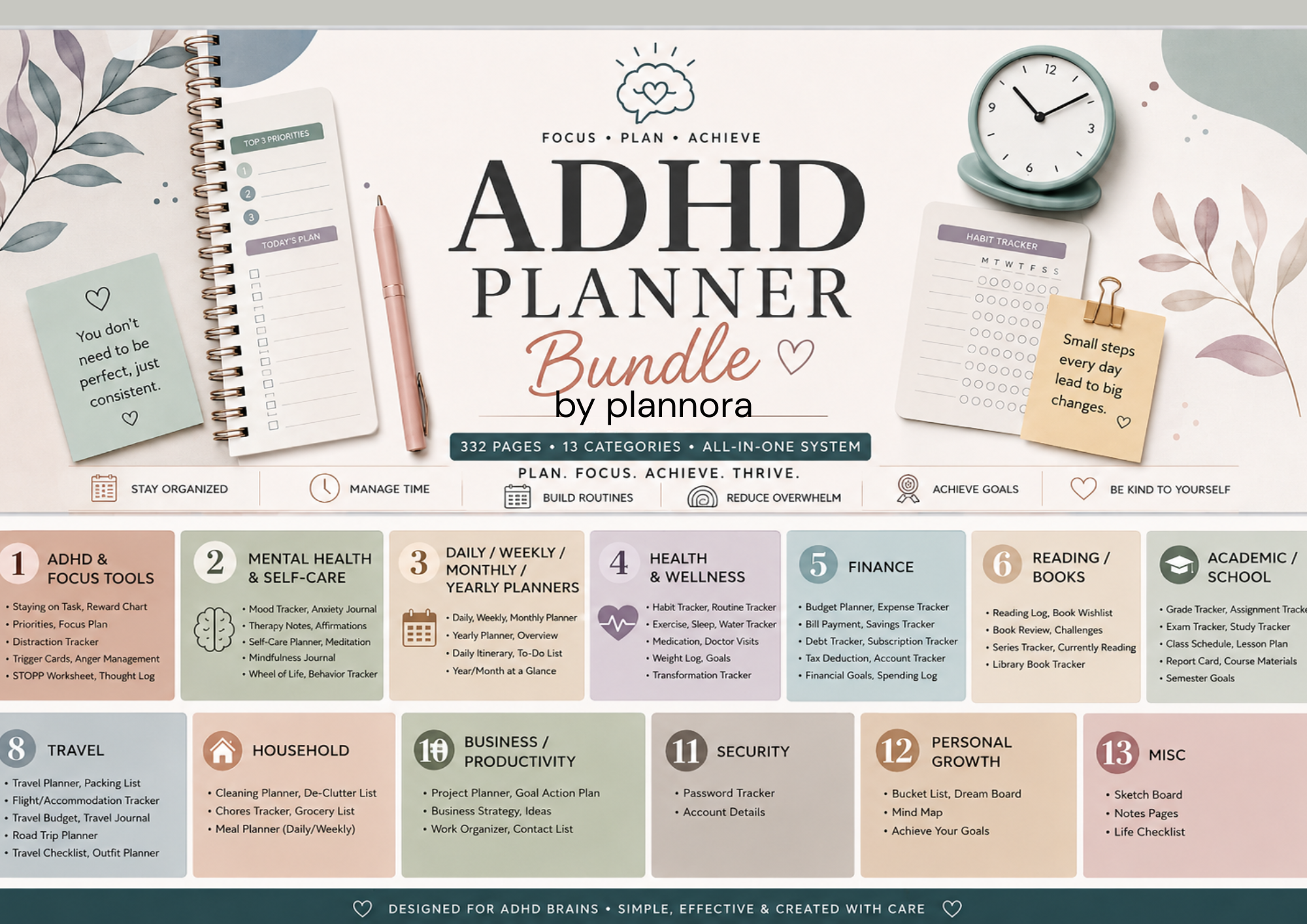 ADHD Planner Bundle Printable PDF | 332 Pages Digital Planner, Productivity, Focus & Wellness Tracker